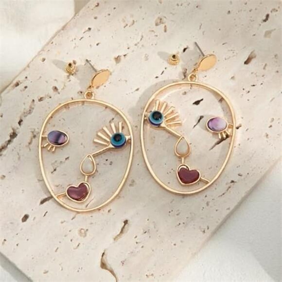 Vintage Abstract Face Earrings | Gold Alloy Art Earrings | Modern Minimalist Sta - Picture 6 of 6